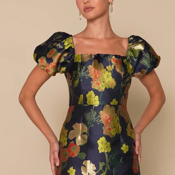 NWT Lulus So Stunning Navy Blue Floral Jacquard Puff Sleeve Mini Dress​ - Picture 11 of 16